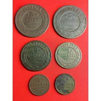 3 копейки 1898, 1909 г., 2 копейки 1898 г., 1 копейка 1899 г., 1/2 копейки 1898, 1899 г. С рубля, без м.ц. См. другие мои лоты!