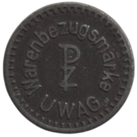 Город Дрезден (Третий Рейх). С 1948 г. использовались в ГДР. Токен, марка (Wertmarke) UWAG. Для автоматов продажи еды, сигарет и напитков.