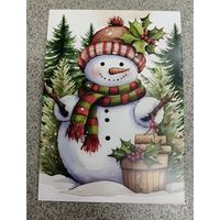 Открытка снеговик, остролист чистая