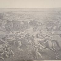 Осада Голетты. Сцена изъ войны Карлъ 5 съ маврами въ Тунисе. Энциклопедическая гравюра СПБ. 19-20века 19х20см.