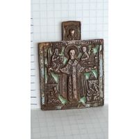 ИКОНА НИКОЛАЙ МОЖАЙСКИЙ ОБРАЗОК ПЛАСТИКА ЭМАЛЬ МЕДНОЛИТОЙ СПЛАВ 18  -19 ВЕК .