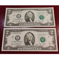 2 доллара 2009 г. Две банкноты одним лотом. Номера  подряд. Продажа возможна по отдельности.