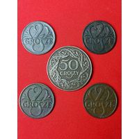 2 гроша 1927, 1928, 1931, 1938 г.г. 50 грошей 1923 г. Красивые. См. другие мои лоты.