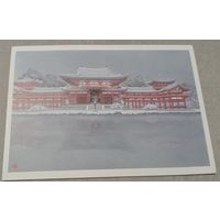 Посткроссинг. Открытка из Японии: Храм в Киото зимой (10х15). Прошла почту. Художественные марки, чёткий штемпель.