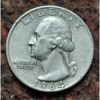 США 25 центов 1964 года, D. AU.  Квотер. Джон Дэвид Вашингтон. Серебро! Сторгуй за свою цену, предложи обмен!