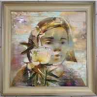 Гриневич Т.В "Девочка с пионом", 2024г. Холст, масло. Размер 50х50 см.