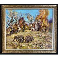 Поплавский Г.Г. Каталожная работа "Осенняя пора.Схватка великанов", 2004г. Холст, акрил. Размер 55х65 см.
