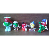Фигурки M&M's эмэндэмс (Эм-н-Эмс) 5шт.: Желтый, Красный с ёлкой на паровозе, Зеленая Леди (GREEN LADY), Зеленый. (серия Рождество, Новый Год). (возможен обмен)