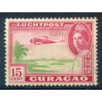 Нидерландские колонии - Кюрасао - 1942г. - ландшафты, авиация, королева Вильгельмина, авиапочта, 15 с - 1 марка - гашёная [Mi 184]. #3-WB-97-A-1