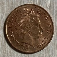 Монета 2 пенса 2008 год. Великобритания. Королева Елизавета II. Фрагмент герба британской королевской семьи.