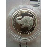 10 долларов 1990 год. Вымирающие виды - Слоны. Острова Кука. Серебро 925 Пруф