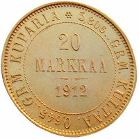 Россия для Финляндии, 20 марок/ markkaa 1912 (S), состояние AU, золото 900/ 6,45 г, Биткин #390 Доставка только при личной встрече, связь по телефону или мессенджеру.