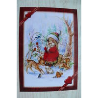 Современная Новогодняя открытка прошлых лет; чистая (девочка, зайчик, белка, оленёнок).