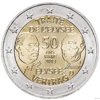 2 евро 2013 Германия 50 лет подписания Елисейского договора дворы A G F D J UNC из ролла на выбор
