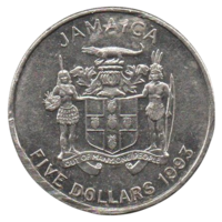 ЯМАЙКА /КОРОЛЕВСТВО В СОДРУЖЕСТВЕ НАЦИЙ/ 5 ДОЛЛАРОВ 1993. 100 лет со дня рождения Нормана Вашингтона Мэнли НЕЧАСТАЯ. 36 мм