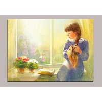 Открытка. Дети. Девочка. Лето. Фиалки. Окно. Художник Ек. Бабок (чистая)