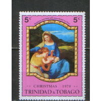 Марка из серии 1970г. Тринидад и Тобаго "Рождество. "Мадонна с Младенцем и святыми" Тициан Вечеллио" MNH