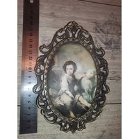 Шелкография "Мальчик с ягнёнком", времён СССР, в латунной рамке, размер 19*14 см.