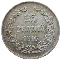 Россия для Финляндии, 25 пенни 1916 г. (S), сост. AU, серебро 750/ 1,27 г. Биткин #421