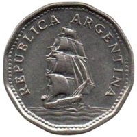 РЕСПУБЛИКА АРГЕНТИНА 5 ПЕСО 1961. КОРАБЛЬ ПАРУСНИК Фрегат "Президент Сармьенто"