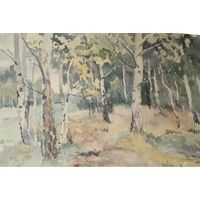 Картина акварель бумага березы пейзаж 1960 СССР