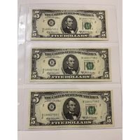 5 долларов 1969 года (три купюры подряд)