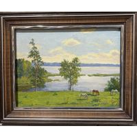 Бархатков И.А "У озера", 1987г. Холст, масло. Размер с рамой 49х39 см.