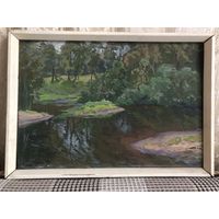 Картина Тихая заводь. Лотерейная. 1979 г. Худ. Каргаполов Ю. А. Картон, темпера. 34.5 х 50 см.