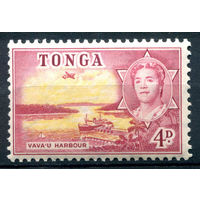 Британский протекторат - Королевство Тонга - 1953г. - ландшафты, лодка, самолёт, королева Салоте Тупоу III, 14 P - 1 марка - MLH [Mi 105]. #4-B5-106-A-1