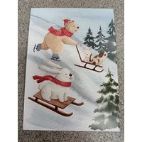 Открытка зверята на санках. Заяц, Мишка, собака, кролик. Новый год. Чистая