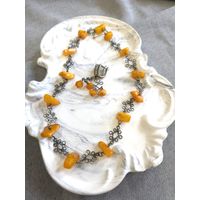 Винтажные бусы-колье и серьги из натурально янтаря желток, латунь, бронза