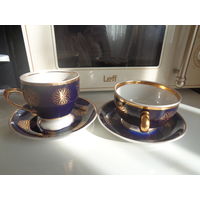 2 чайные пары. Золотые ручки. Фарфор, кобальт с позолотой. Редкость. СССР. 20 руб за пару.