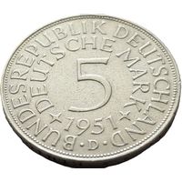 Германия, 5 марок 1951 D. Симпатичные. С рубля.