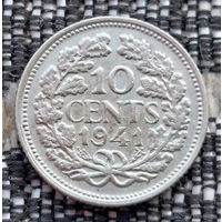 Нидерланды 10 центов 1941 года. Королева Вильгельмина. II Мировая война. Серебро! Сторгуй за свою цену, предложи обмен!