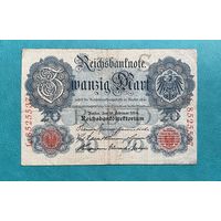 Германия Имперская банкнота 20 марок 1914 года L-8525537 Водяной знак тип Wertzahl "20" und "Mark"
