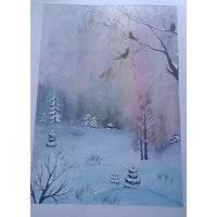 Картина акварель зима лес птицы пейзаж 40 28 см ручная работа