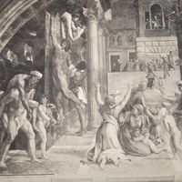 Пожаръ в Борго. Энциклопедическая гравюра СПБ. 19-20века 24х16см.   РАСПРОДАЖА КОЛЛЕКЦИИ.