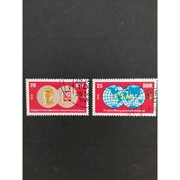 ГДР 1970 Полная серия "25 лет федерации свободных профсоюзов ГДР (FDGB) и 25 лет мировой федерации свободных профсоюзов (WGB)" (спецгашение с клеем, следы наклеек) марки Mi.1577-1578 каталог 1.20 евро