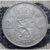 Нидерланды 2 1/2 гульдена 1959 года. Королева Юлиана. Серебро. Сторгуй за свою цену, предложи обмен! C65