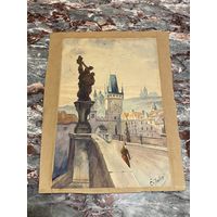Картина. Карлов мост. Акварель. Картон. Старинная работа. Европа. C. John.