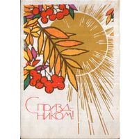 Подписанная открытка 1967г. "С праздником! Рябина на фоне солнца" худ. И. Коминарец