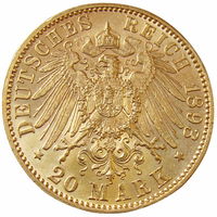 Пруссия, 20 марок 1893 г. (А), состояние Unc, золото 900/ 7,97 г, мон. дв. Берлин, Вильгельм II, KM# 521. Связь по телефону или мессенджеру.