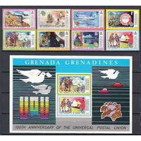Виды транспорта. 100 лет ВПС. Гренада-Гренадины. 1974. 8 марок и 1 блок. Michel N 589-596, бл3 (8,5 е)
