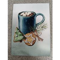 Открытка новогодние сюжеты: кружка с горячим какао, маршмеллоу ,пряники, корица. Чистая