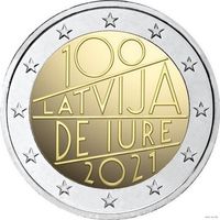 2 евро 2021 Латвия 100 лет признания де юре UNC из ролла