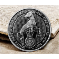 Великобритания 5 фунтов 2021г. "Звери Королевы: Белая борзая Ричмонда". Пьедфорт. ANTIQUE. Монета в капсуле; подарочном футляре; номерной сертификат N78. Тираж 150шт. СЕРЕБРО 62,20гр.(2 oz).