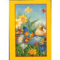 Подписанная двойная открытка Польша 2003г. "Пасха. Праздничные писанки" худ. Моника Каминска из серии "Нарисовано ртом"