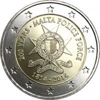 2 евро 2014 Мальта 200 лет полиции Мальты UNC из ролла