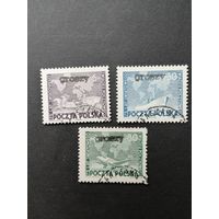Польша 1950 Полная серия марок с надпечаткой "GROSZY" на марках 1949 года Mi.533-535 "75 лет Всемирному почтовому союзу (UPU)" (гашение без клея с наклейками) Mi.636-638 каталог 53.00 евро