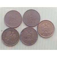 2 гроша Польша 1991,1992,1998,1999,2012 годы  лот 9,     5 монет